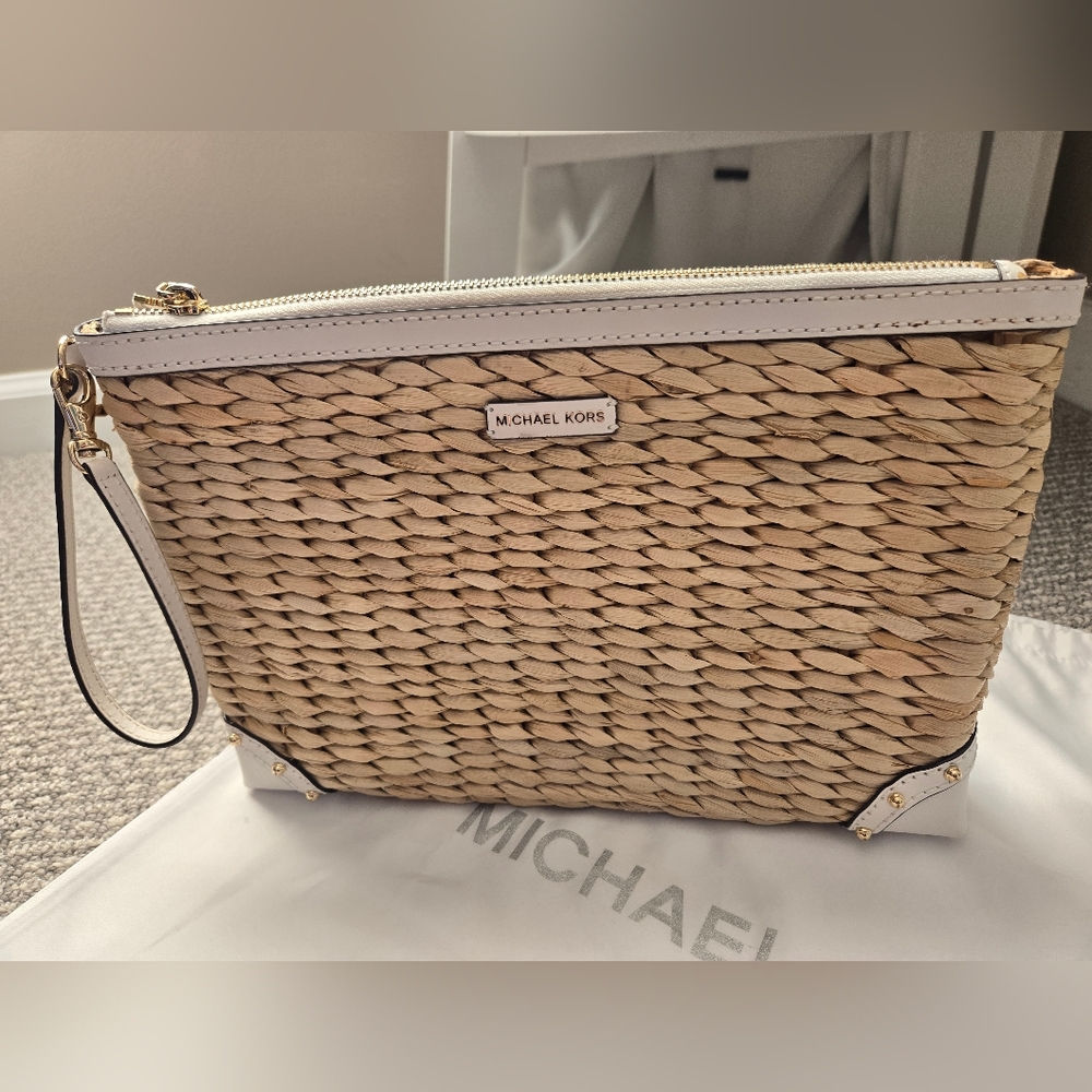 Michael Kors Malibu Extra Large Straw Woven Clutch in Tan and White